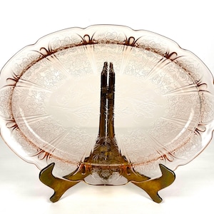 Jeannette Glass Pink Depression  Glass Cherry Blossom Oval Serving Platter 11 inch