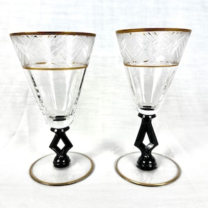 Set of Two Morgantown Etched Art Deco Open Black Glass Stem Gold Bands 1930s