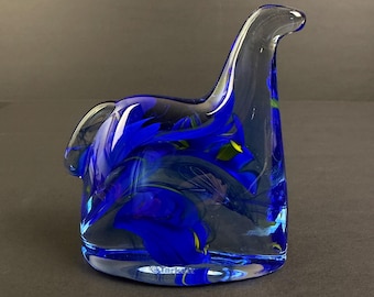 Signed Kosta Boda Sweden Art Glass Sculpture - Cobalt Blue & Yellow - 5” Figurative Creature