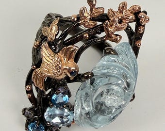 Artisan 925 Silver Carved Blue Rose & Songbird Statement Ring (Size 10, 18g)