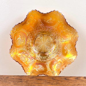1905-1915 Fenton amber dragon and lotus carnival glass bowl