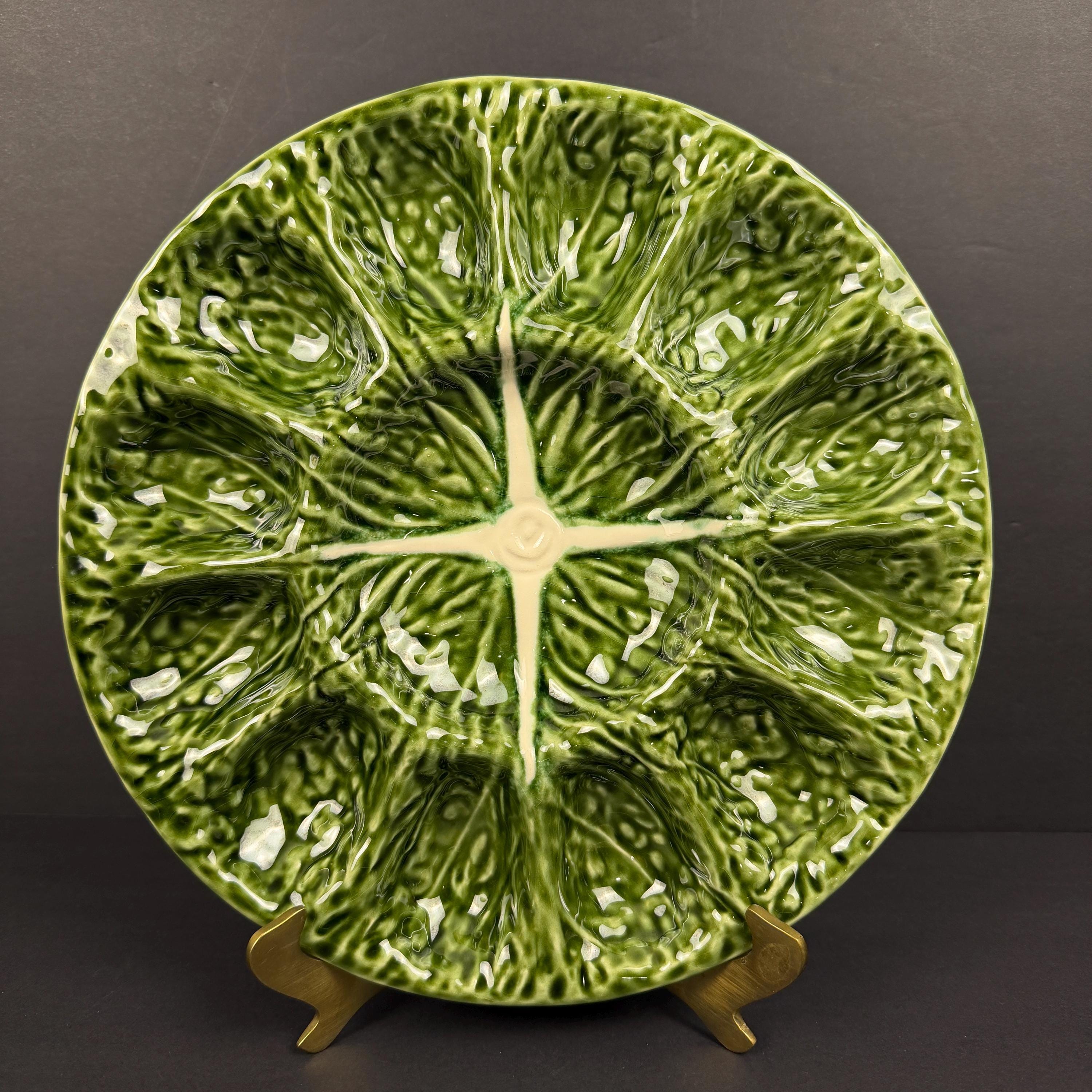 Vintage Olfaire Portugal Majolica Green Cabbage Leaf Deviled Egg