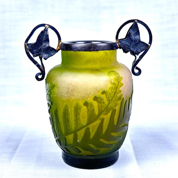 Emile Galle Cameo Glass Vase Circa 1895 9.5cm High 8.5cm Wide (with silver ivy handles)