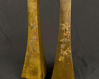 Meiji Nogawa Bronze Vases, Antique Japanese Mixed Metal Vase Pair, Silver Inlay Fuchsia Motif, Signed Kyoto Metalware, 8 Inch