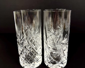 Vintage Bohemian Pinwheel Crystal Highball Glasses - 15cm Tall - Hand Cut Starburst Pattern Set of Four