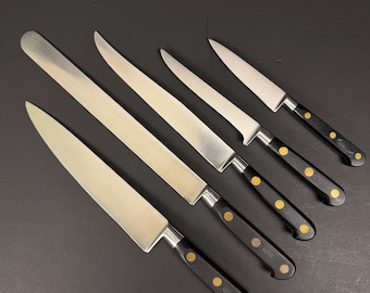 Vintage Veritable Sabatier France Knife Set - 5 Piece Forged Stainless, Brass Rivets