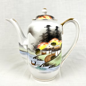 Kutani China Porcelain Gold Mt Fuji Countryside River Coffeepot Vintage