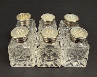 Antique Birks Sterling Silver & Cut Glass Individual Salt Shakers - Set of 6 - Mother of Pearl Tops