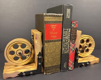Handcrafted Wooden Brutalist Bookends - Gold Crackle Wheel & Chain - 6"x5.5"
