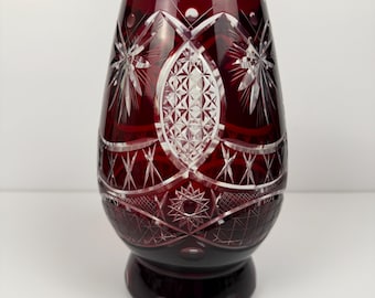 Vintage Bohemian Ruby Red Cut to Clear Crystal Vase – 8" Starburst & Crosshatch