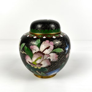 Vintage Chinese Black Enamel Floral Cloisonne Jar
