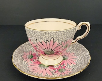 Tuscan Pink Daisies Vintage Teacup and Saucer Set Made in England Tea Cup
