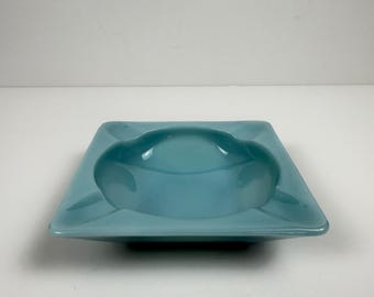 Mid-Century Modern Turquoise Glass Square Ashtray / Trinket Dish