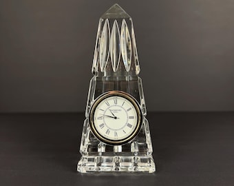 Vintage Waterford Crystal Obelisk Desk Clock – Hand-Cut Irish Lead Crystal – Signed/Etched – Made in Ireland – 6" Monument Table Clock