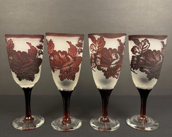 Vintage Acid Etched Frosted Wine Goblets, Gothic Revival Raised Maroon Floral Relief Stemware, Set of 4