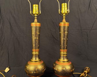 Pair of Vintage Indo-Persian / Kashmiri Etched and Enameled Brass Table Lamps (47cm)