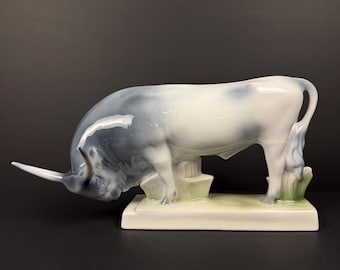 Zsolnay Pecs Hungary Large Porcelain Charging Bull Figurine — Signed András Sinkó, Model No. 14, Mid-Century