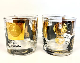 Cera Mid Century Modern Black and US Gold Coin Glasses Set of Four