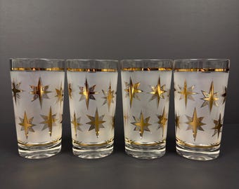 Set of 4 Mid-Century Modern Atomic Starburst Frosted & 22K Gold Highball Glasses — MCM Barware, 1950s–60s, 5”