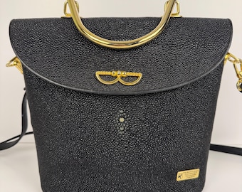 Vintage Genuine Stingray Skin Shagreen Handbag – Samutprakarn Thailand – Black & Gold