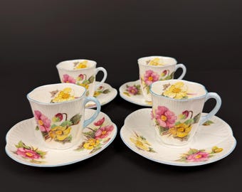 Shelley Fine Bone China “Begonia” Pattern #13427 — Set of 4 Demitasse Cups & Saucers, England, c. 1945–1966