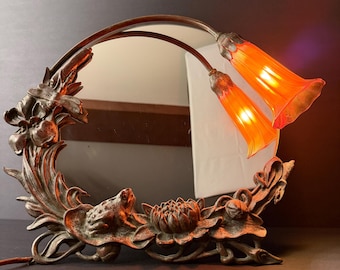 Rare Art Nouveau Bronze Lily Mirror Lamp | Signed Quezal Iridescent Glass Shades | Frog, dragonfly & Lotus Motif