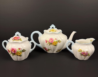 Vintage Shelley China Begonia Tea Set Melon Shape 13427 Teapot Sugar Creamer Mint
