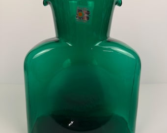 Jarra de agua de doble boquilla de vidrio artístico Blenko vintage verde n.° 384