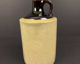 Antique 8" Two-Tone Stoneware Whiskey Jug - Brown Glazed Top - Primitive Farmhouse Decor