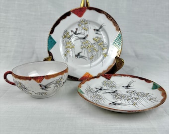 1930s Japanese Eggshell Tea Cups and Plates Kutani Hand Painted Birds in Flight Barn Swallows 5 Complete Sets of 3
