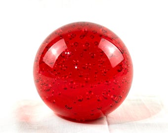 Beautiful Hand-Blown 1970's Scarlet Red Art Glass Paperweight with Suspended Controlled Bubbles 3.5” Diameter