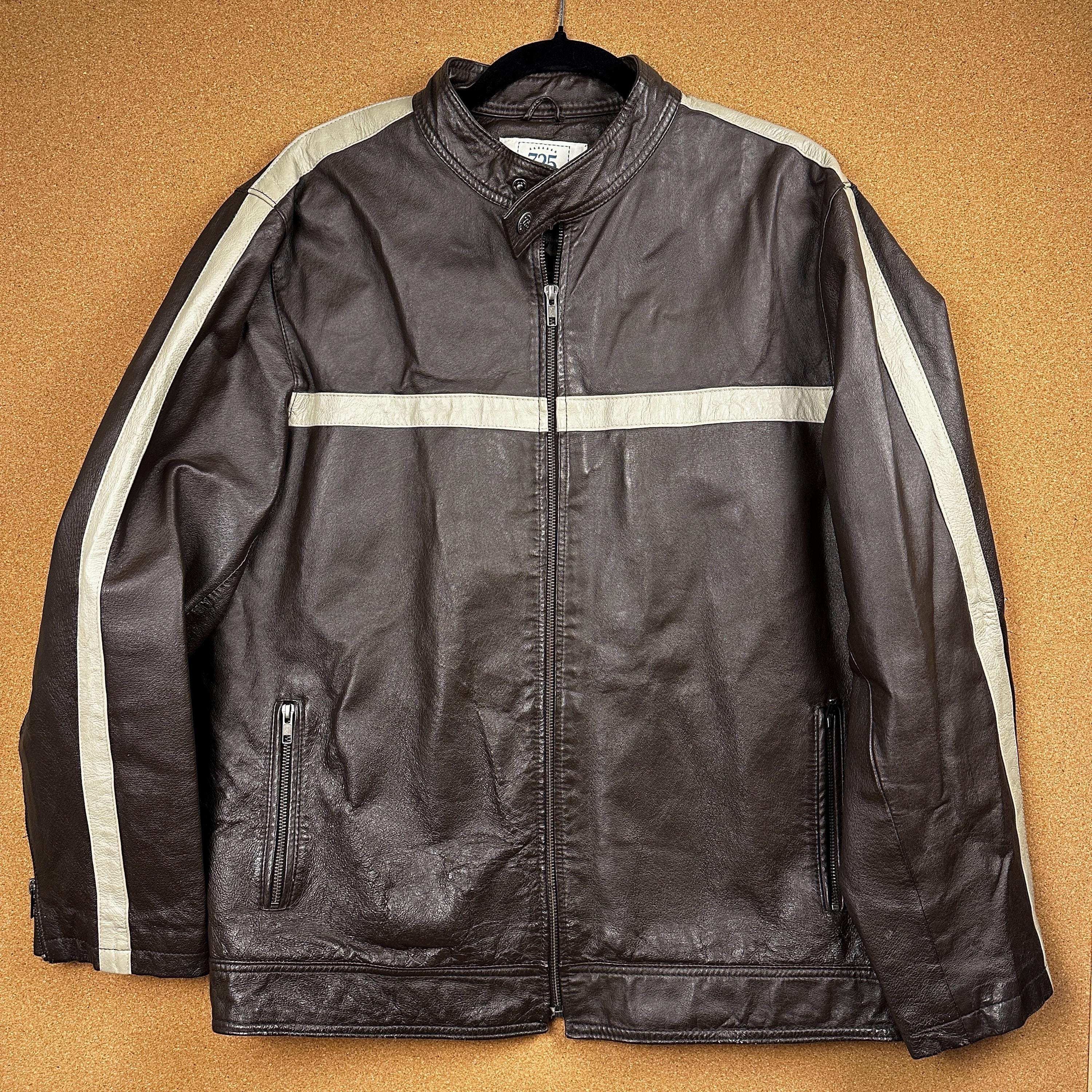 Vintage 725 Originals Leather Zip-up Jacket Brown With Grey Stripe