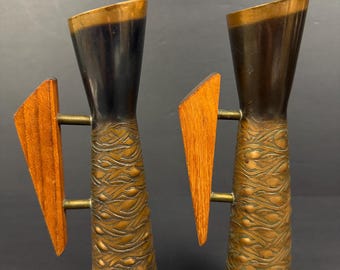 Vintage MCM Brutalist Copper Bud Vases - Pair 8" - Teak Wood Wing Handles
