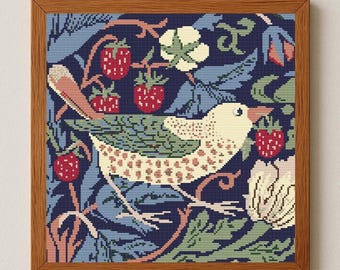 Kruissteekpatroon aardbeidief vogel en bessen