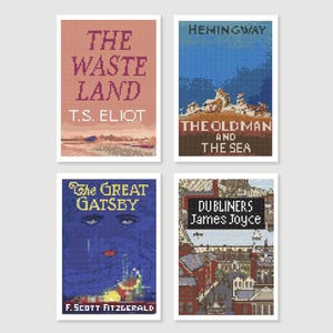 Puede incluir: Cuatro portadas de libros con diseños pixelados. Las portadas presentan los títulos "The Waste Land" de T.S. Eliot, "El viejo y el mar" de Hemingway, "El gran Gatsby" de F. Scott Fitzgerald y "Dublineses" de James Joyce.