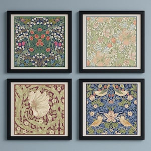 May include: Four framed prints with different floral patterns. The prints are in black frames and feature a variety of colors, including red, blue, green, and white.