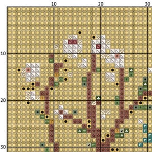 May include: Cross-stitch pattern with a grid background. The design features a central tree-like structure with brown, green, and black elements. White heart and star shapes are scattered throughout the design. The background is a light tan color.