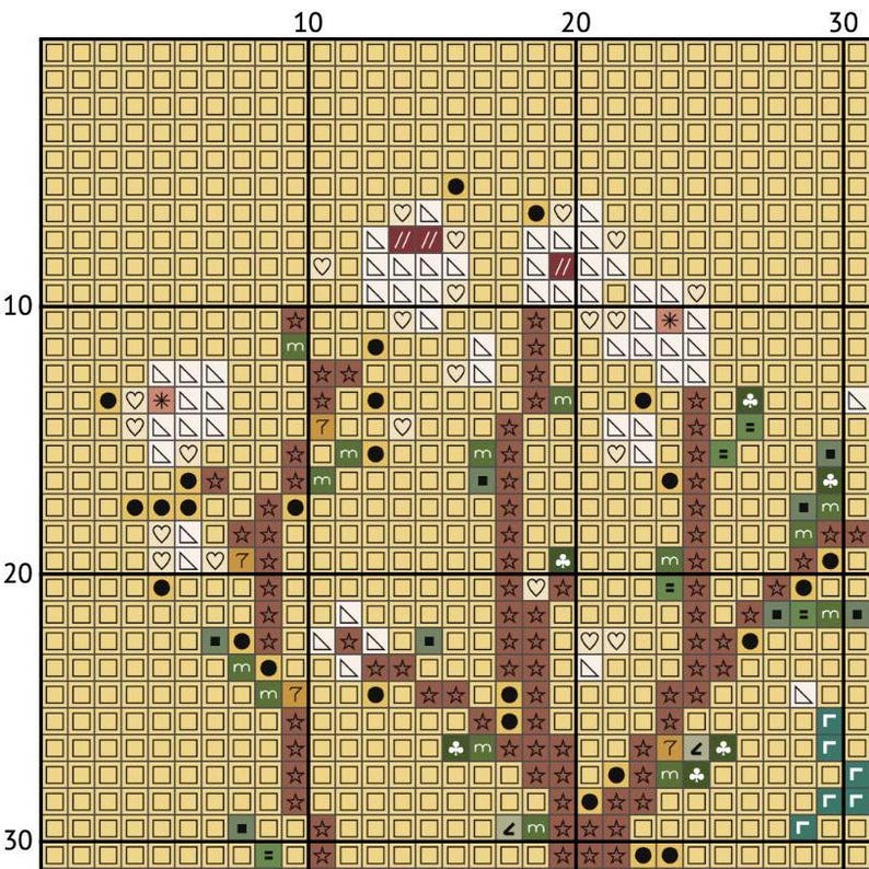 May include: Cross-stitch pattern with a grid background. The design features a central tree-like structure with brown, green, and black elements. White heart and star shapes are scattered throughout the design. The background is a light tan color.