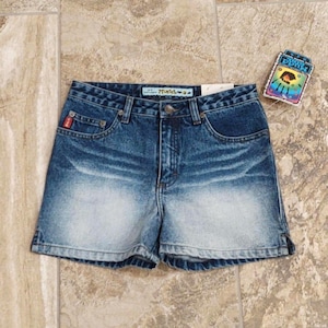 May include: Blue denim shorts with a faded wash and a