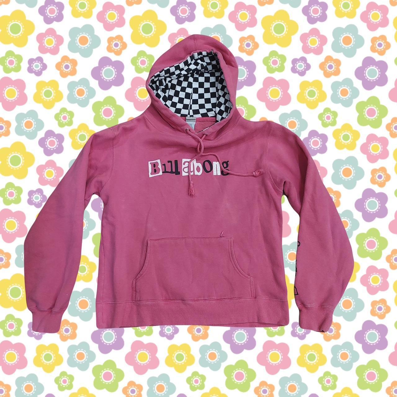 2000s Pink Billabong Pullover Hoodie With Checkered Print and 