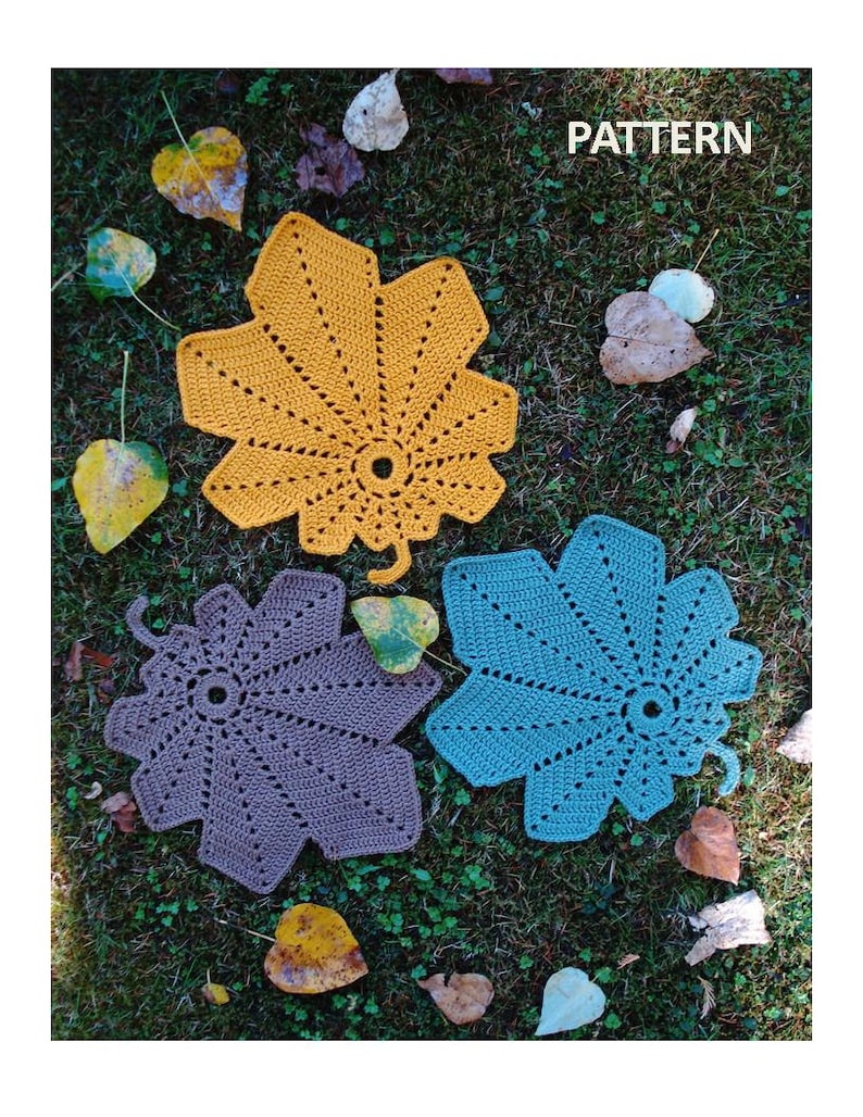 A crochet pattern from Nancy Brown-Designer - a fanciful home decor accessory. What fun to scatter falling leaves around your autumn table. Cute and practical table mats crocheted quickly and easily in a worsted weight craft yarn.