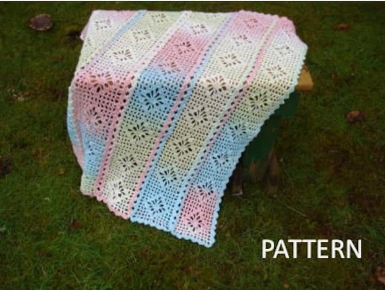A crochet pattern from Nancy Brown-Designer - a wonderful baby blanket that is crocheted in six join-as-you-crochet strips. Lacy diamonds is a version of spider web lace and crochets up quickly and easily.