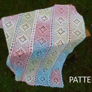 A crochet pattern from Nancy Brown-Designer - a wonderful baby blanket that is crocheted in six join-as-you-crochet strips. Lacy diamonds is a version of spider web lace and crochets up quickly and easily.