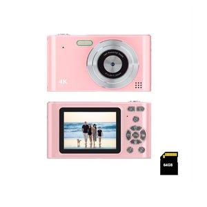 May include: A pink digital camera with a 16X powerful zoom lens. The camera has a 4K display and a 64GB memory card.