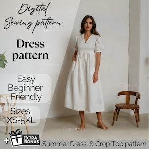 Casual Puff Sleeve Midi Dress | V-Neck Linen Dress | Summer Boho Dress Sewing Pattern | Loose Fit Dress Pattern | Bishop Puff Sleeve Pattern