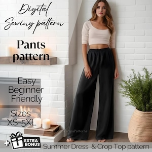 Pants Sewing Pattern | Wide Leg Pants | High Waist Trousers | Elastic Waist Pants | PDF Pattern | Instant Download