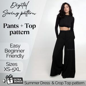 Palazzo Pants & Top Sewing Pattern | Long Sleeve Top and Wide-Leg Trousers with Pockets | PDF Pattern | Instant Download