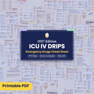 May include: A 2027 Edition ICU IV Drips Emergency Drugs Cheat Sheet printable PDF featuring 40 IV drugs, doses, nursing tips, and drip math. The dark blue central card displays the title with a white IV bag icon and light blue accents.