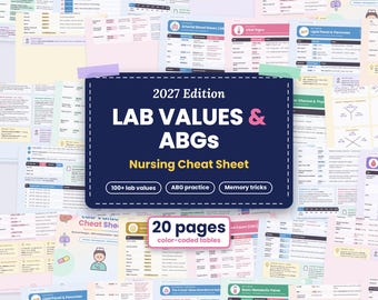 May include: A 2027 edition nursing cheat sheet featuring 20 pages of color-coded tables for lab values and ABGs. The central dark blue rectangular sign displays the text 2027 Edition LAB VALUES & ABGs Nursing Cheat Sheet 100+ lab values.