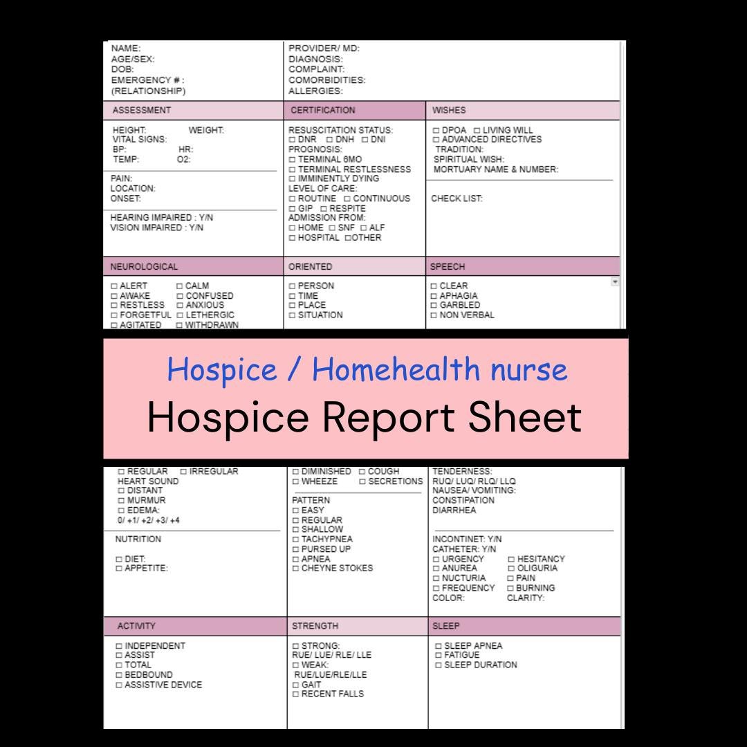 Hospice Nurse Report Sheet, Hospice RN Visit Paper, Home Health Nurse ...